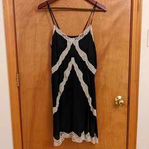 Anthropologie Fleurette brand silk chemise slip lingerie, black w/ lace, size M